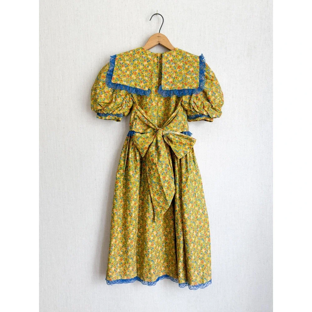 Handmade Vintage Floral Prairie Dress Cottagecore Lace Yellow Blue Kids Girls